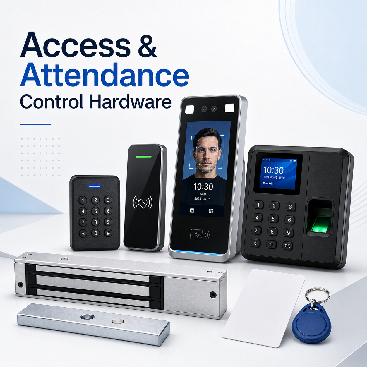 Access and attendance control hardware including facial recognition terminal, fingerprint attendance device, RFID reader, keypad, magnetic lock, access card, and key fob.