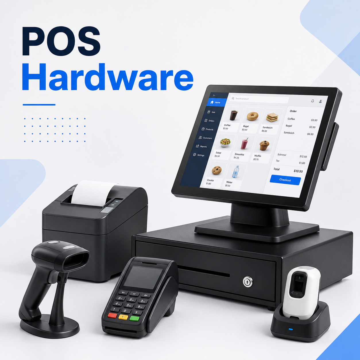 POS hardware including touchscreen terminal, receipt printer, cash drawer, barcode scanner, payment terminal, and wireless scanner.